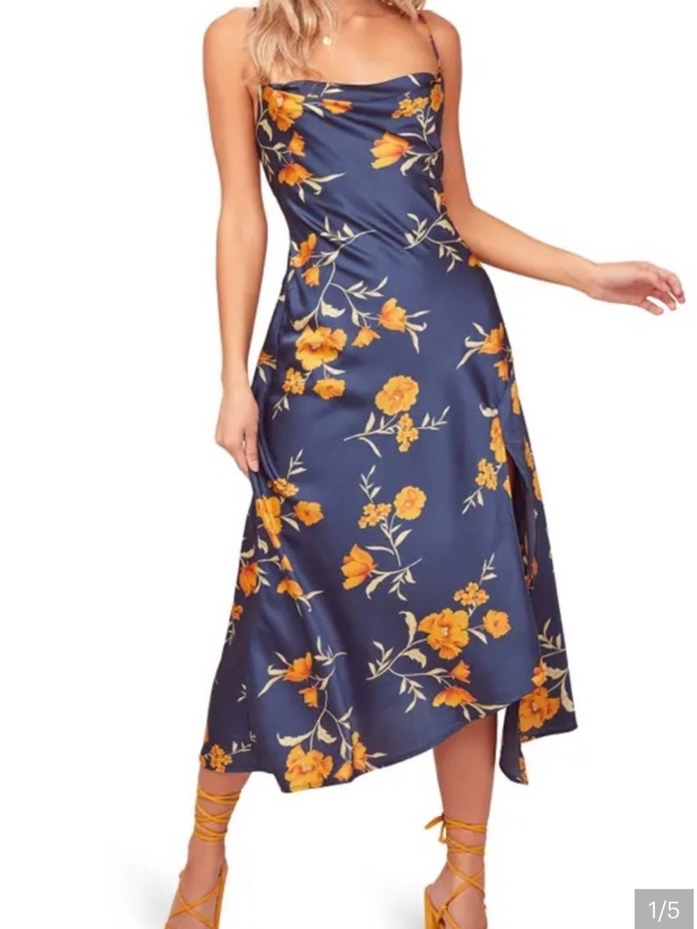 Astr Navy Satin Midi Skirt with Yellow Floral Print